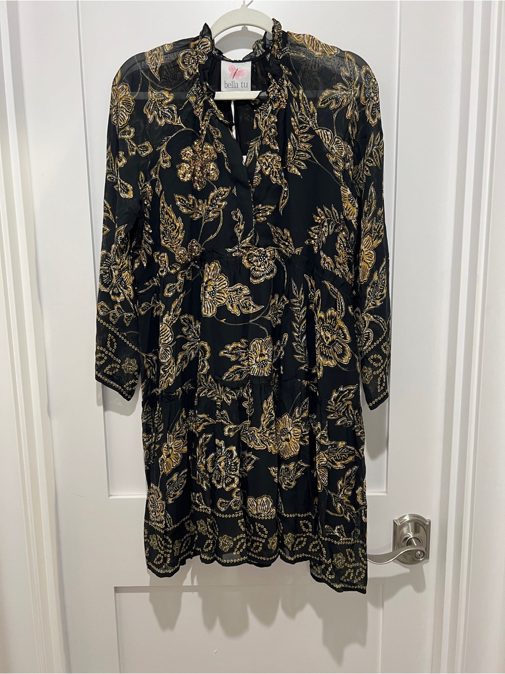 Bella Tu Black & Gold Floral beaded & Sequins Mini Dress woman’s XS